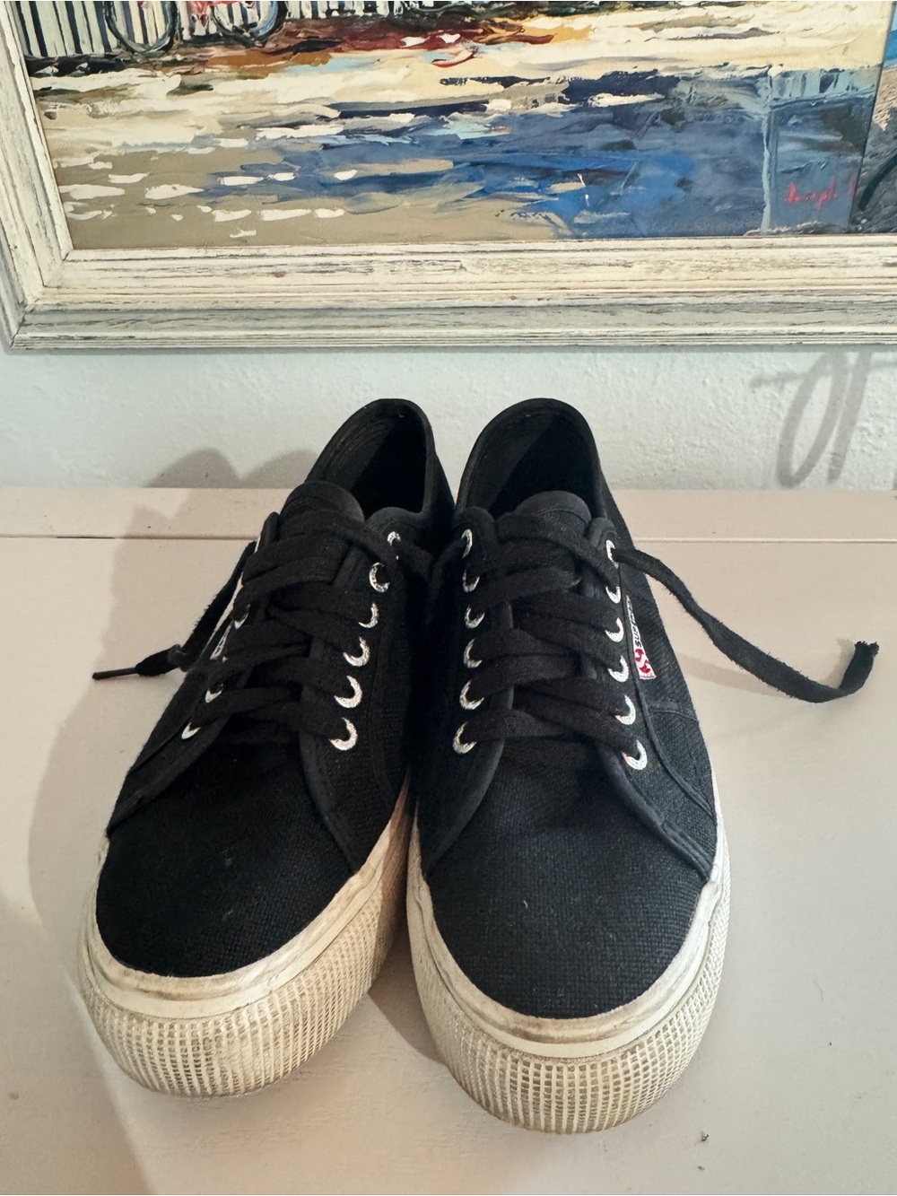 Superga Black Canvas Lace-Up Platform Sneakers